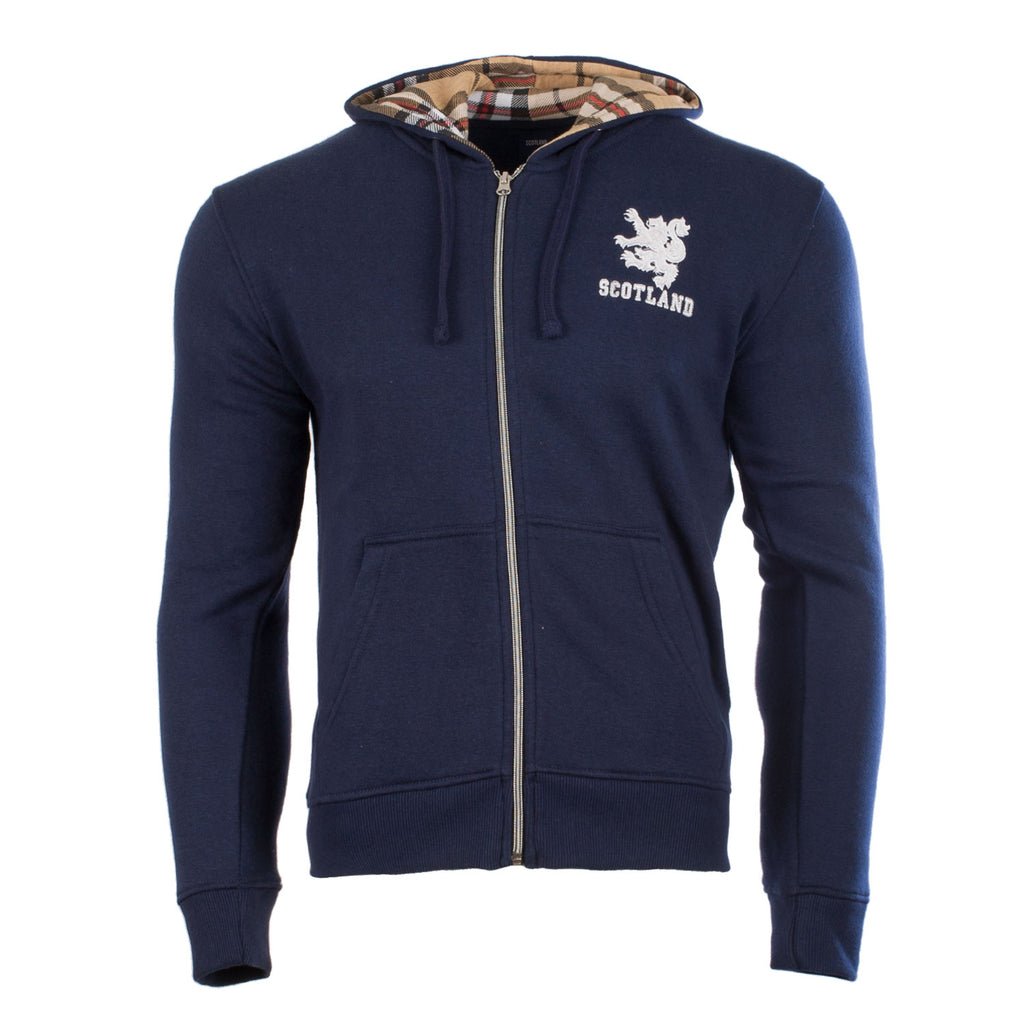 Adults Plain Lion Zip Top W/Tartan Hood Navy/Thomson Camel