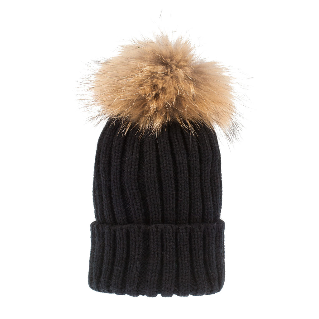 Women's Rib Pom Pom Hat  Black/Natural