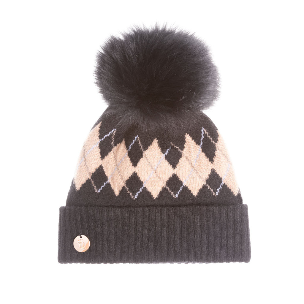 100% Luxury Cashmere Argyle Hat Rf Pom L Black Camel