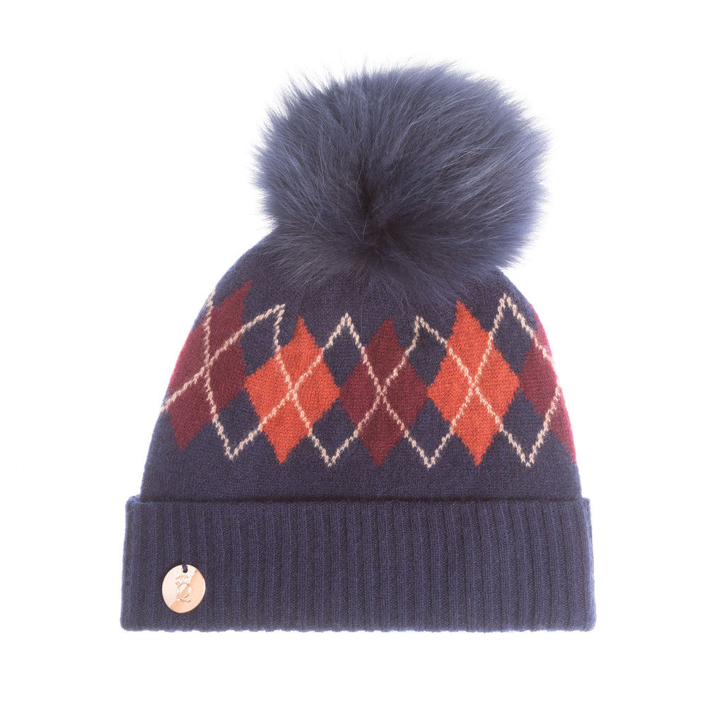 100% Luxury Cashmere Argyle Hat Rf Pom L Navy Claret