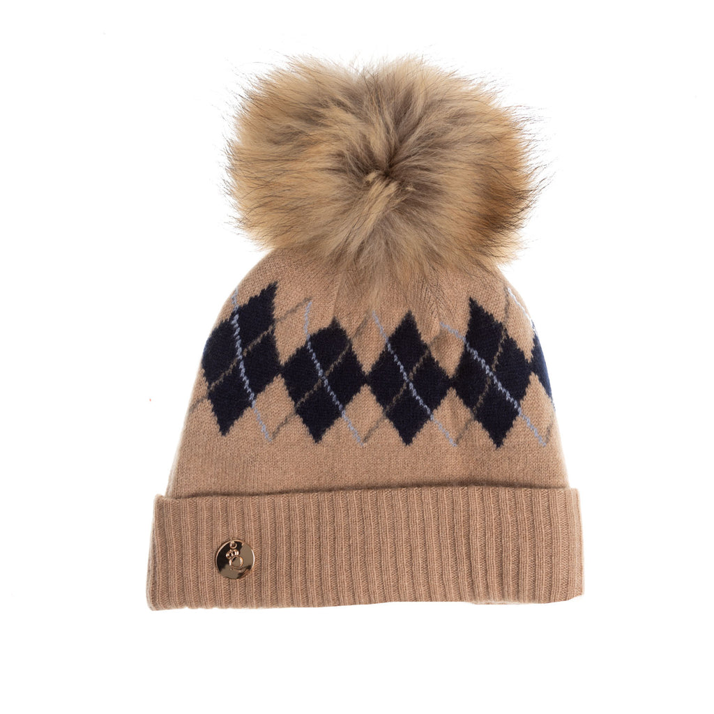 100% Luxury Cashmere Argyle Hat Rf Pom L Camel Navy