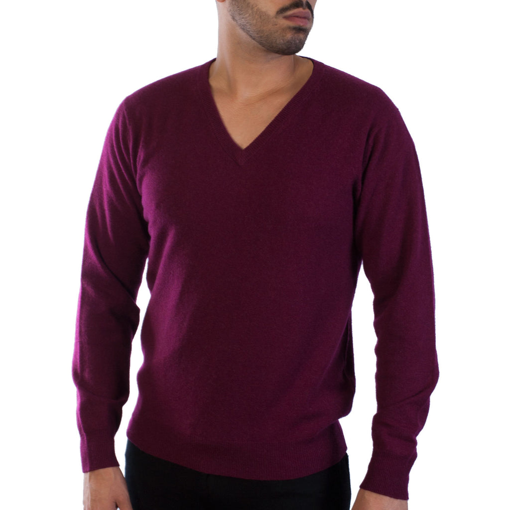 100% Cashmere V Neck Plain Men's Jumper Endless Passion Wine