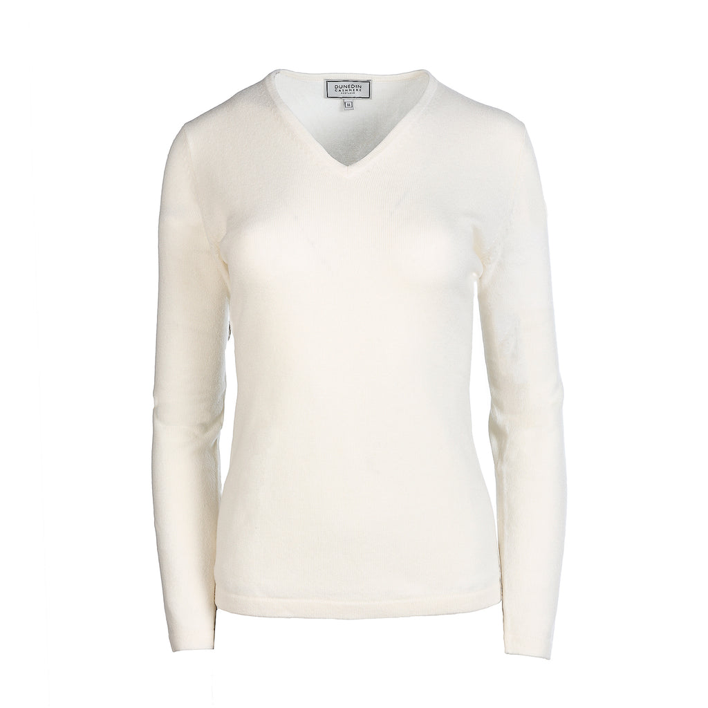 100% Cashmere Ladies V Neck Jumper Cloud White