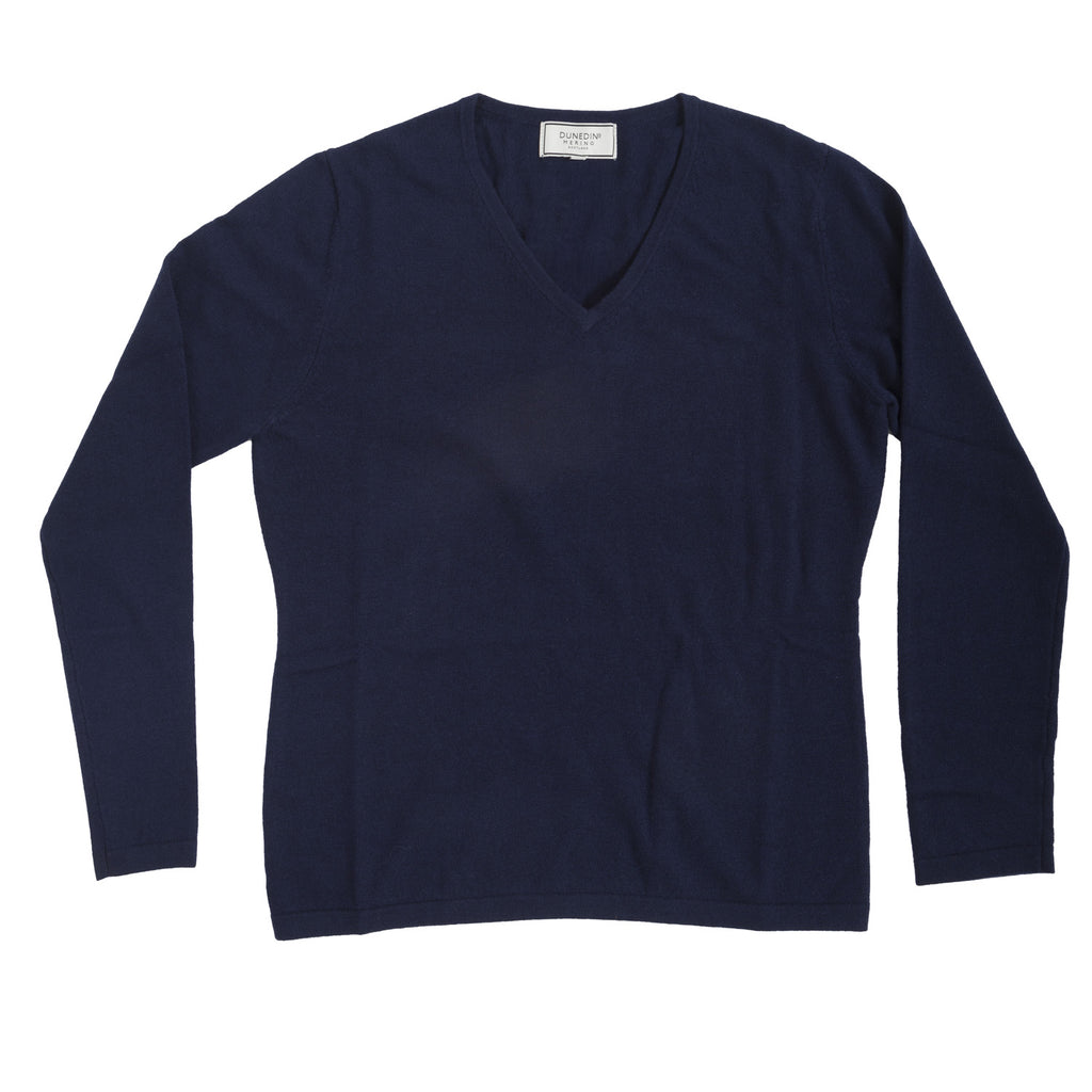 Ladies Merino Wool V Neck Jumper Navy